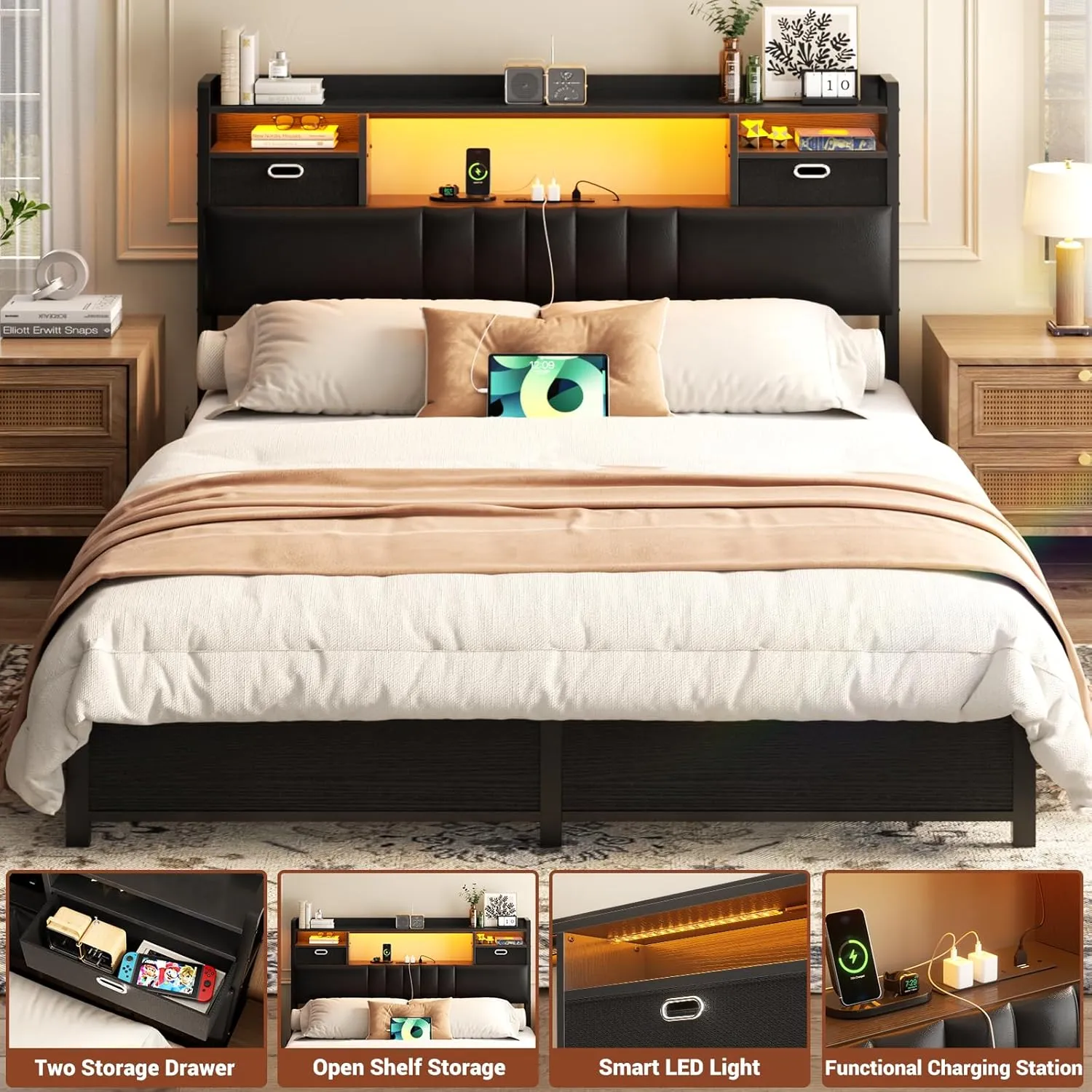 Unikito Full Size Headboard with Drawer Storage and RGB LED Light, Full Upholstered Headboard with Charging Station and Bookcase, Stable Full Headboard Only, for Bedroom/Dorm Room/Guest Room, Black