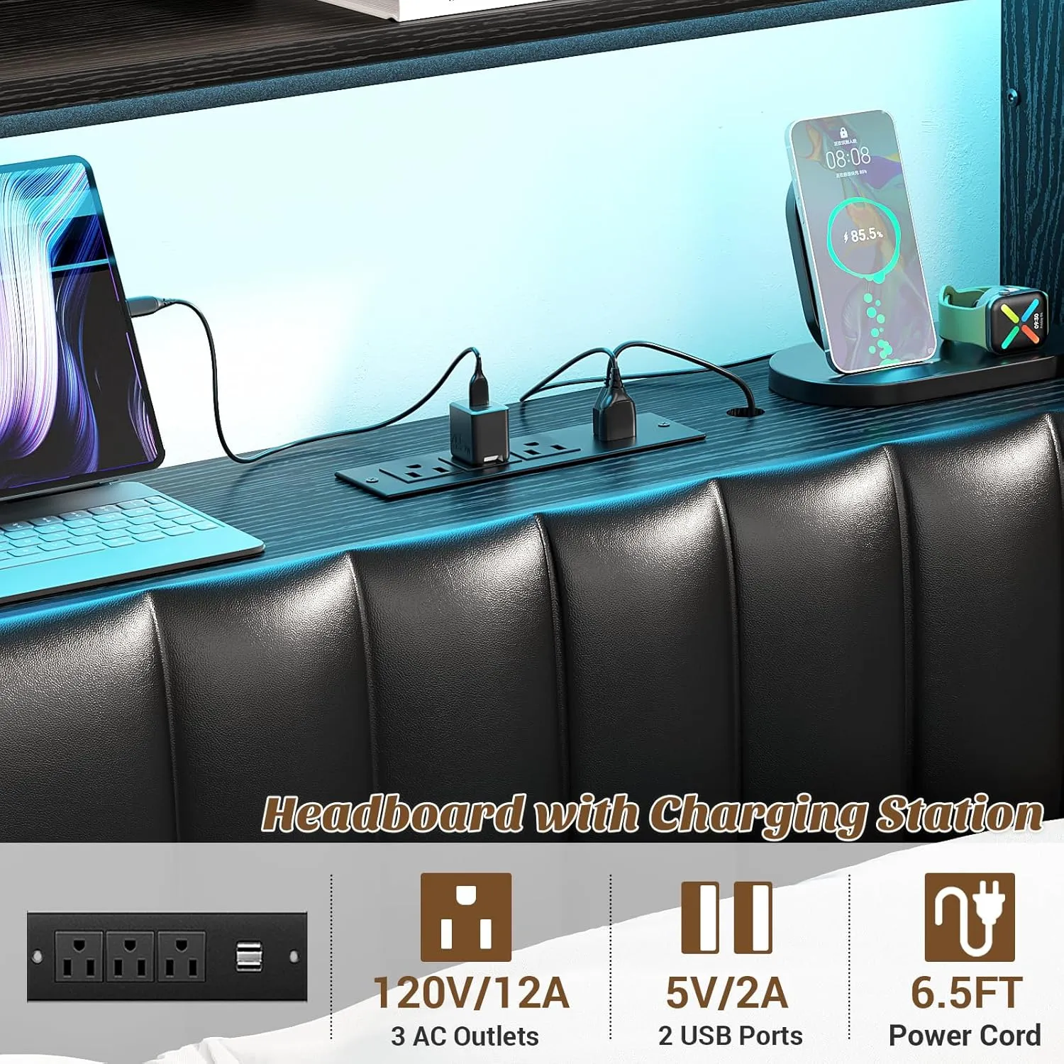 Unikito Full Size Headboard with Drawer Storage and RGB LED Light, Full Upholstered Headboard with Charging Station and Bookcase, Stable Full Headboard Only, for Bedroom/Dorm Room/Guest Room, Black