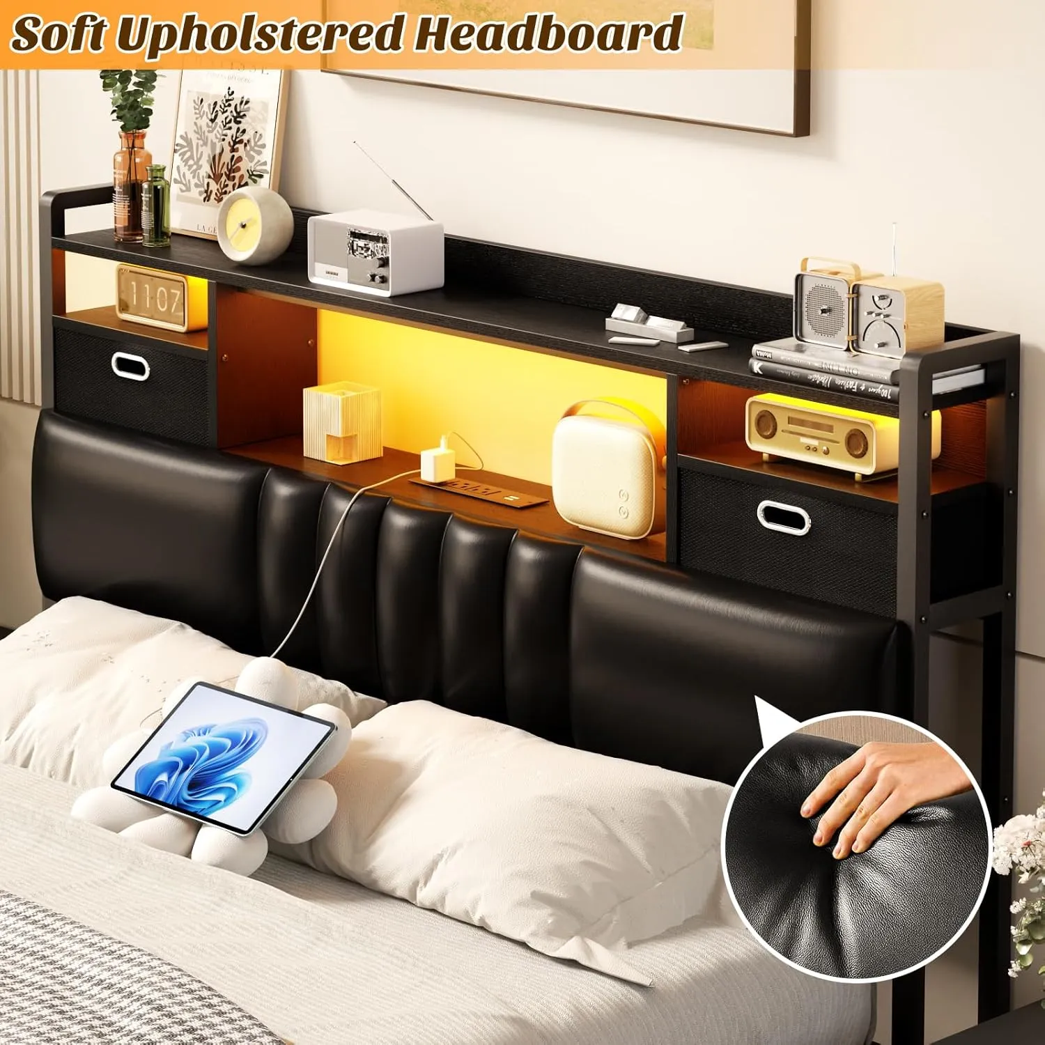 Unikito Full Size Headboard with Drawer Storage and RGB LED Light, Full Upholstered Headboard with Charging Station and Bookcase, Stable Full Headboard Only, for Bedroom/Dorm Room/Guest Room, Black
