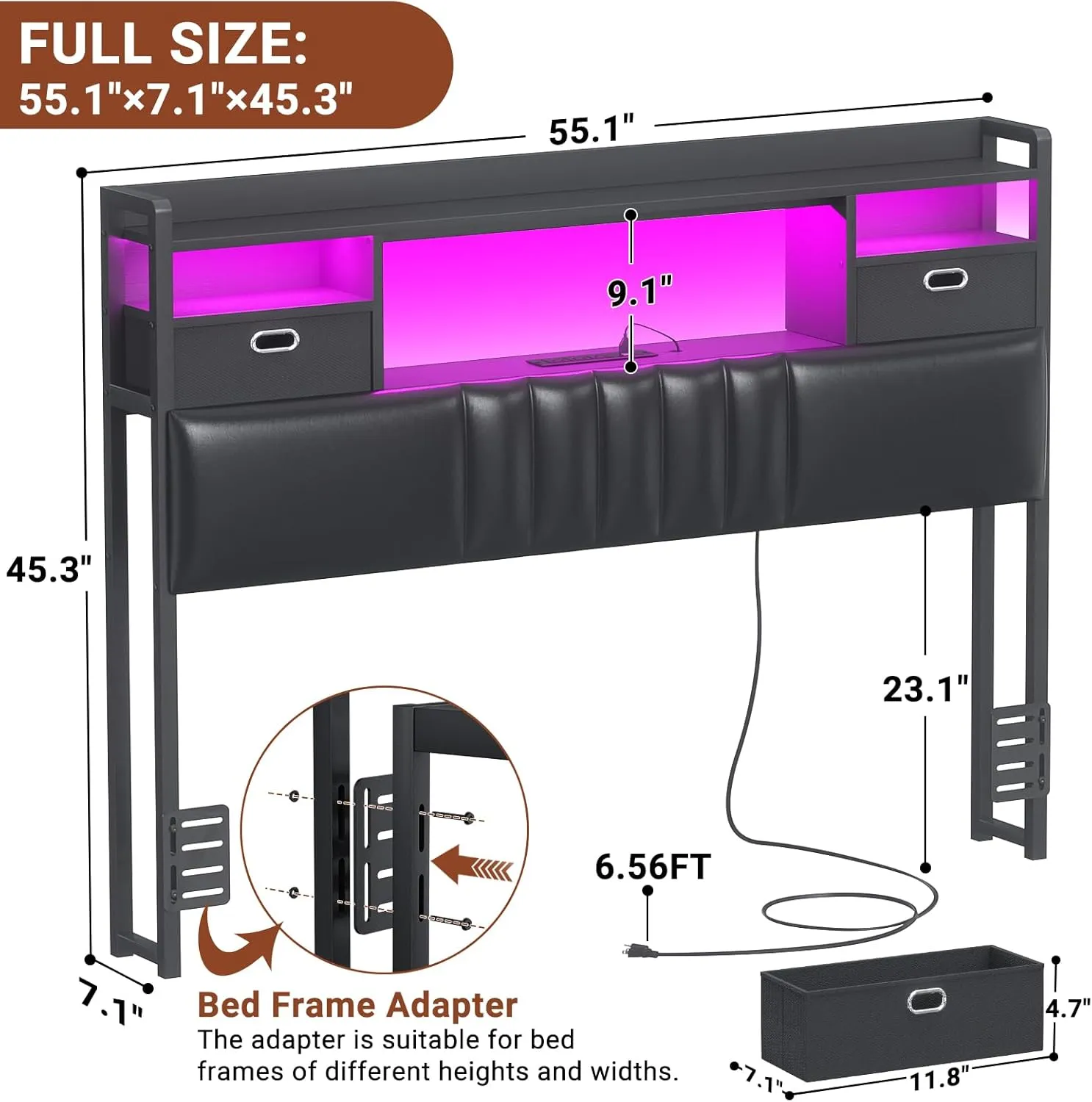 Unikito Full Size Headboard with Drawer Storage and RGB LED Light, Full Upholstered Headboard with Charging Station and Bookcase, Stable Full Headboard Only, for Bedroom/Dorm Room/Guest Room, Black