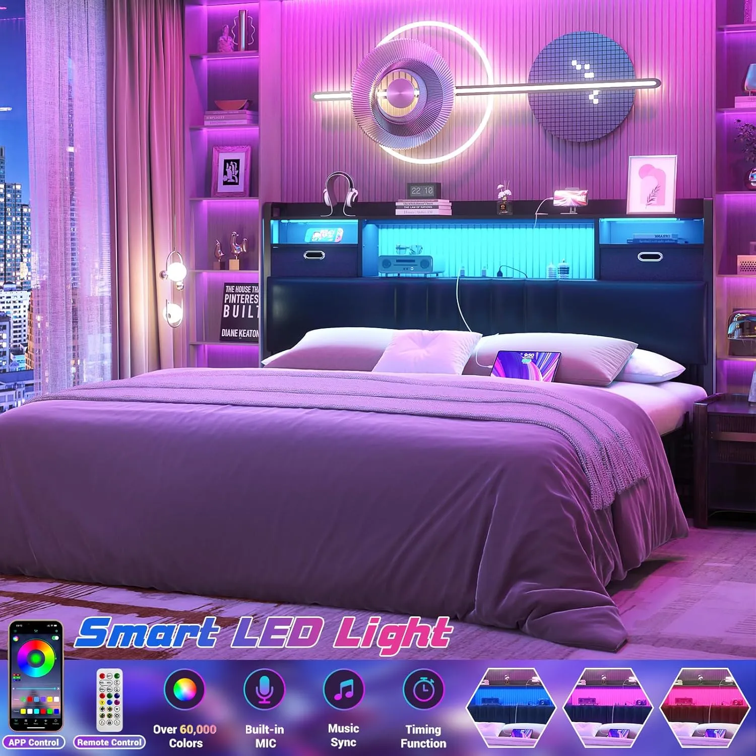 Unikito Full Size Headboard with Drawer Storage and RGB LED Light, Full Upholstered Headboard with Charging Station and Bookcase, Stable Full Headboard Only, for Bedroom/Dorm Room/Guest Room, Black