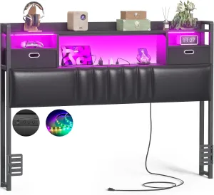 Unikito Full Size Headboard with Drawer Storage and RGB LED Light, Full Upholstered Headboard with Charging Station and Bookcase, Stable Full Headboard Only, for Bedroom/Dorm Room/Guest Room, Black