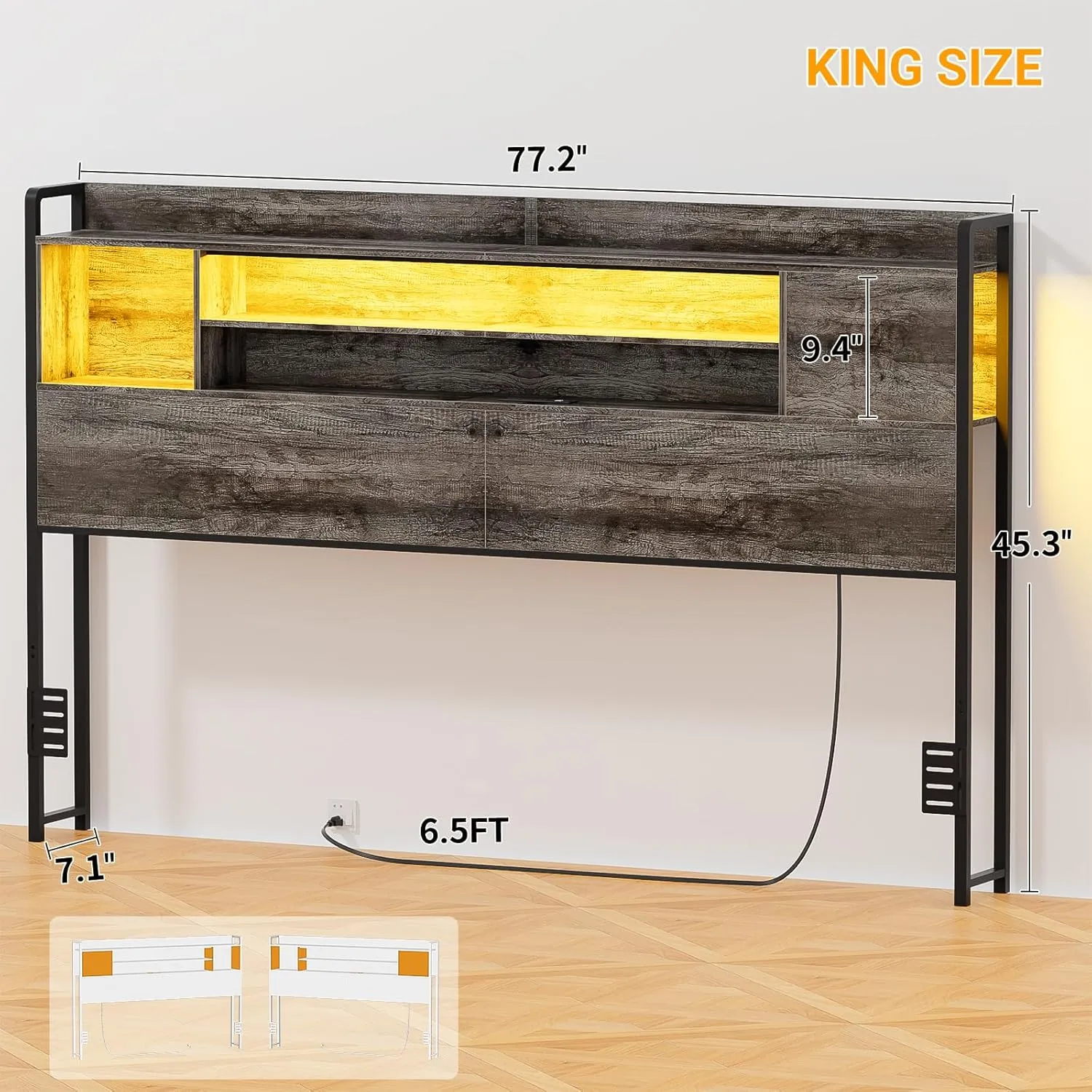 Unikito Headboard for King Size Bed, Bookcase Style Head Board with Power Outlet and RGB LED Light, Reversible Headboard with Storage, Height Adjustable, Sturdy and Stable, King Size, Black Oak