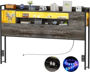 Unikito Headboard for King Size Bed, Bookcase Style Head Board with Power Outlet and RGB LED Light, Reversible Headboard with Storage, Height Adjustable, Sturdy and Stable, King Size, Black Oak