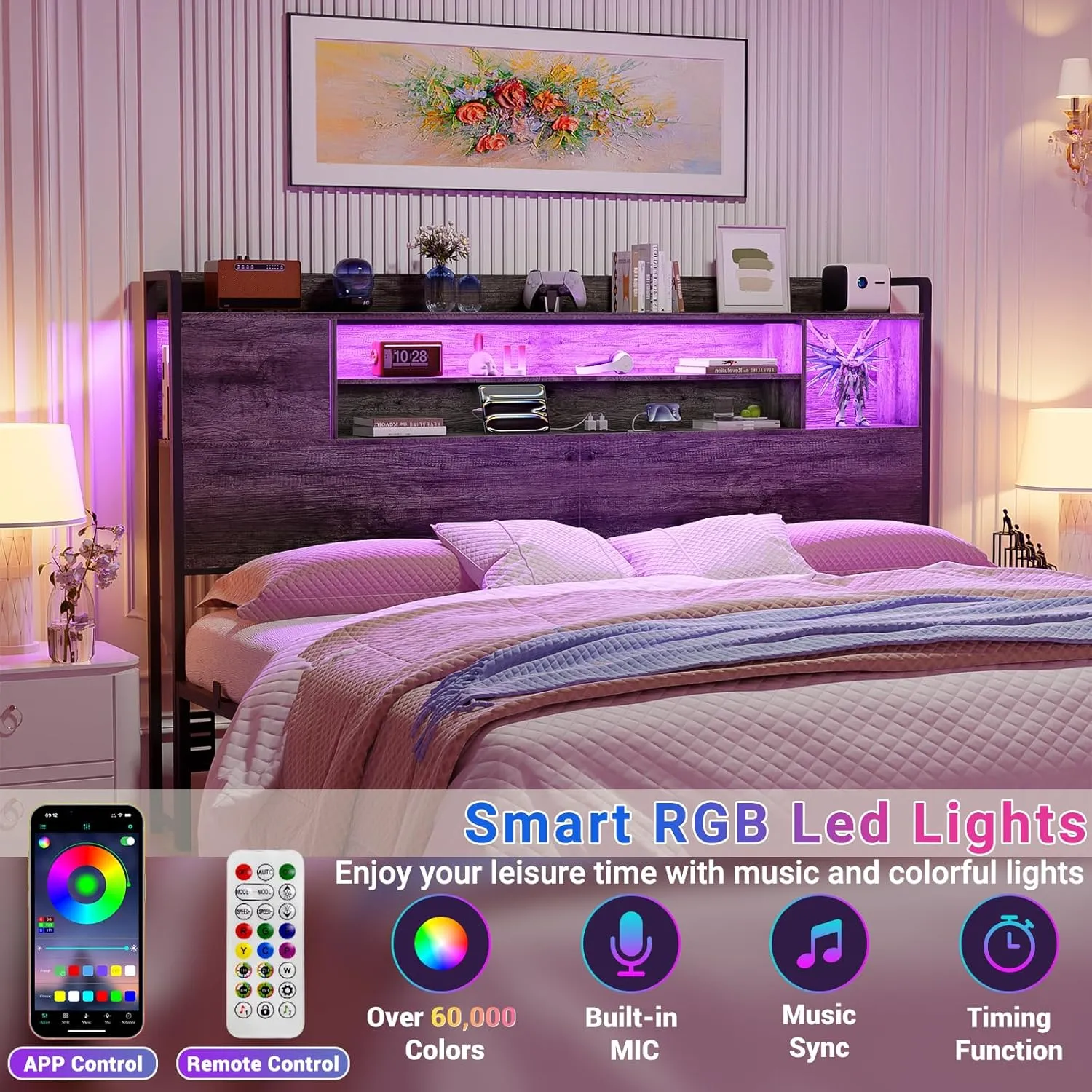 Unikito Headboard for King Size Bed, Bookcase Style Head Board with Power Outlet and RGB LED Light, Reversible Headboard with Storage, Height Adjustable, Sturdy and Stable, King Size, Black Oak