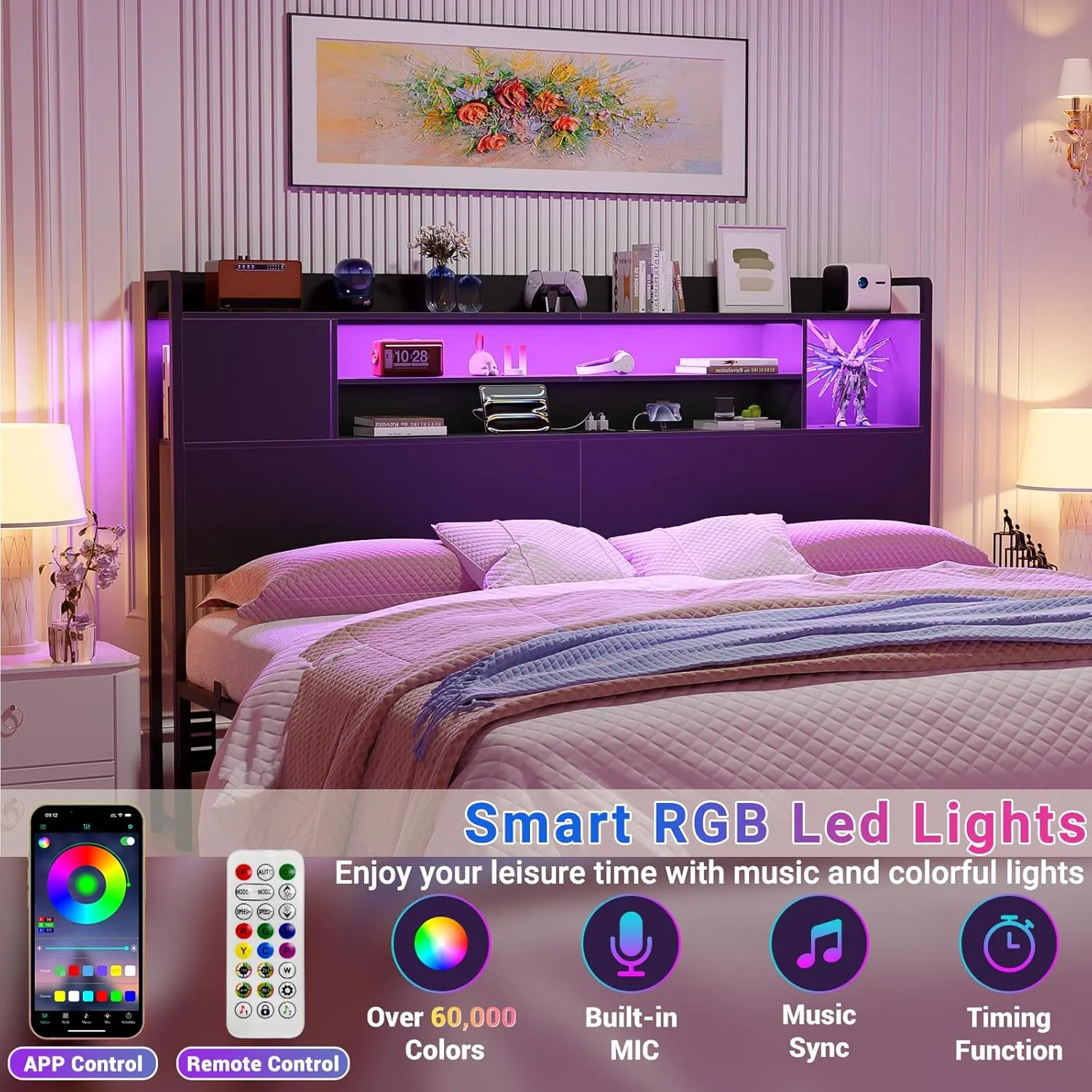 Unikito Headboard for King Size Bed, Bookcase Style Head Board with Power Outlet and RGB LED Light, Reversible Headboard with Storage, Height Adjustable, Sturdy and Stable, King Size, Black
