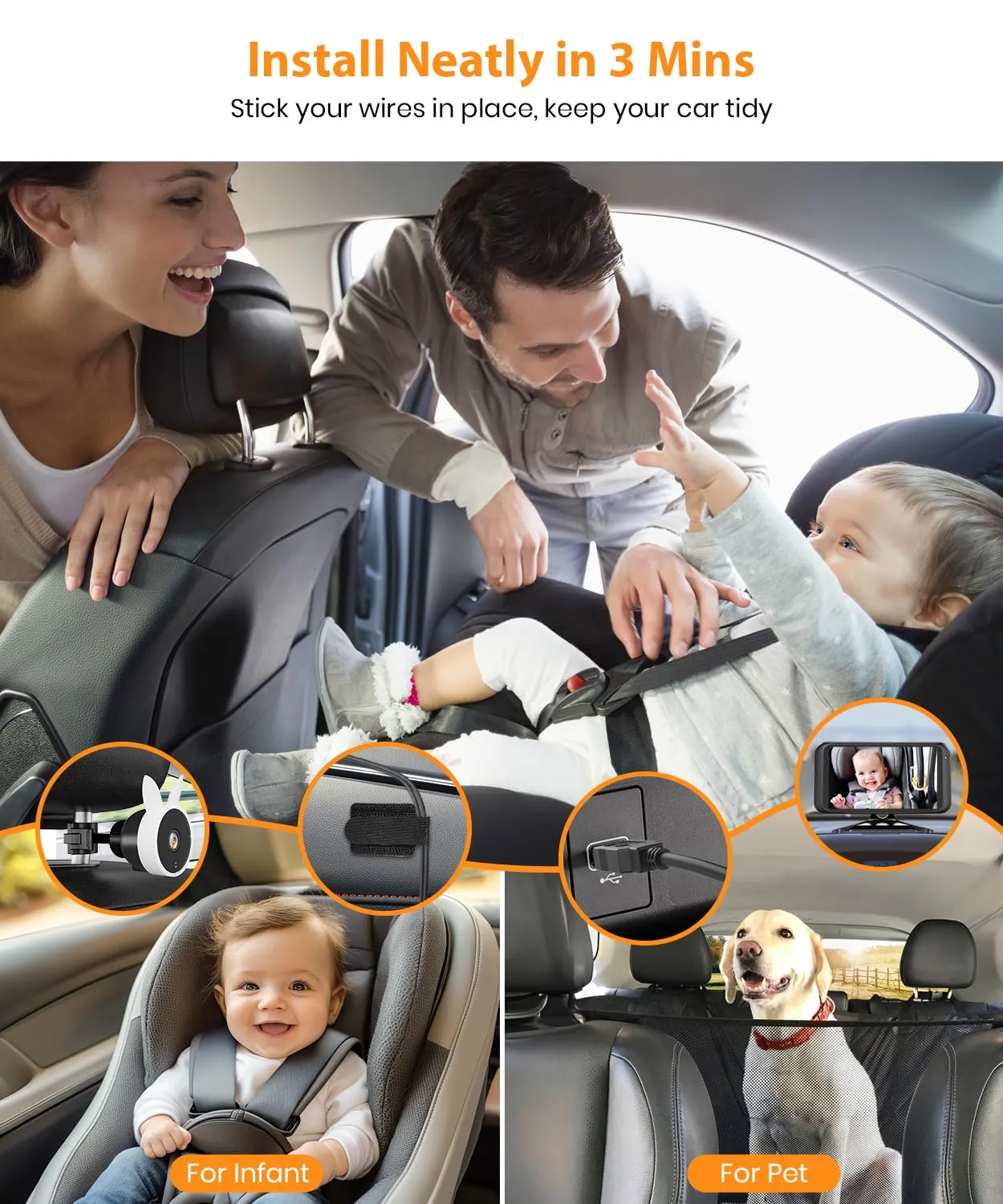 USB Car Camera for Baby : 4.5" Baby Car Camera with 1080P Crystal Clear Mirror View, Easy Installation Carseat Rear Facing Moitor for Kids, HD IR Night Vision Backseat Monitor