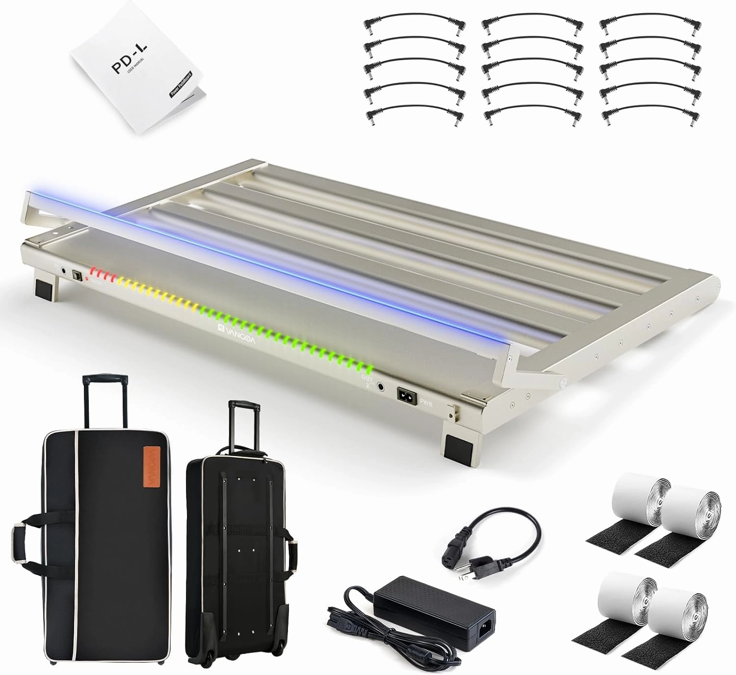 Vangoa Guitar Pedal Board with Built-in Isolated Power Supply, PD-L Aluminum Alloy Folding Powered Guitar Pedalboard with Adjustable Light Bar with Wheeled Gig Bag, Extra Large, 28.5"x15.2", Gray