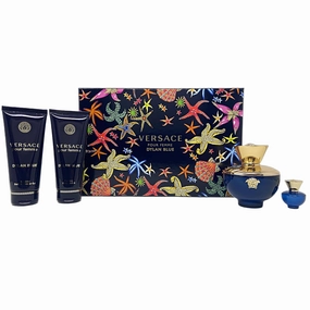 Versace Dylan Blue 4 Piece Gift Set for Women (3.3 Ounce Eau De Parfum Spray   3.4 Ounce Body Lotion   3.4 Ounce Shower Gel   0.17 Ounce Mini Spray)