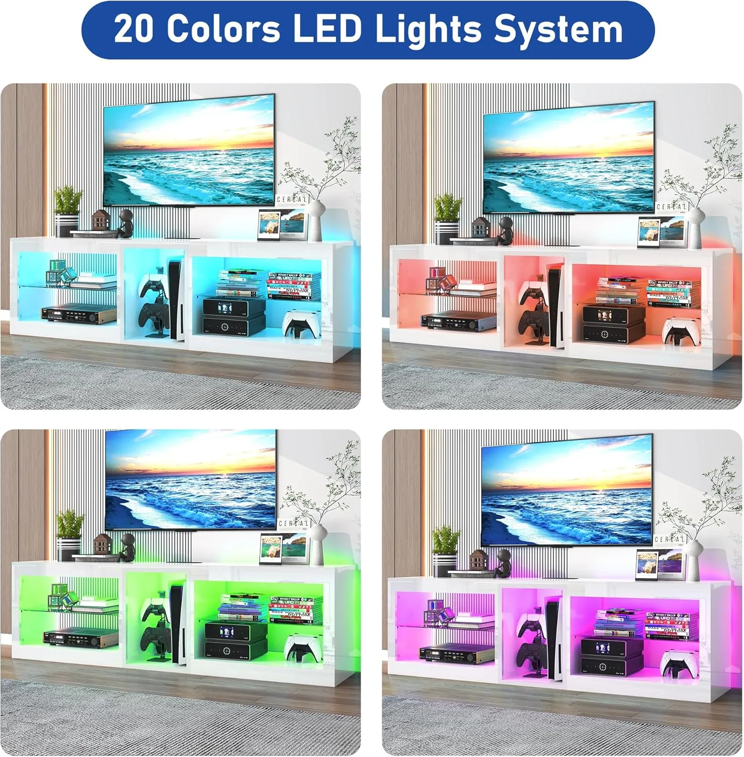 Vinctik 6&Fox 63inch High Gloss LED TV Stands w/Power Outlet,60,000-Colors Lighting for 55 60 65 70in TV,Modern White LED Entertainment Center w/Adjustable Glass Shelves for Living Room Game Bedroom