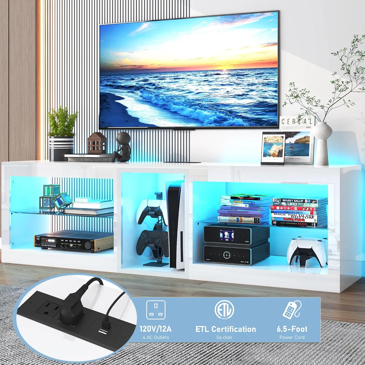 Vinctik 6&Fox 63inch High Gloss LED TV Stands w/Power Outlet,60,000-Colors Lighting for 55 60 65 70in TV,Modern White LED Entertainment Center w/Adjustable Glass Shelves for Living Room Game Bedroom