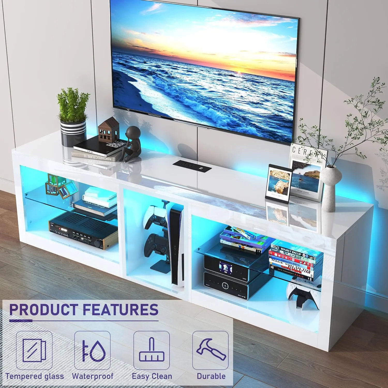 Vinctik 6&Fox 63inch High Gloss LED TV Stands w/Power Outlet,60,000-Colors Lighting for 55 60 65 70in TV,Modern White LED Entertainment Center w/Adjustable Glass Shelves for Living Room Game Bedroom