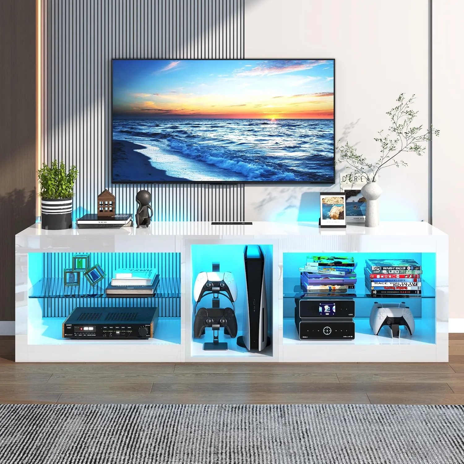 Vinctik 6&Fox 63inch High Gloss LED TV Stands w/Power Outlet,60,000-Colors Lighting for 55 60 65 70in TV,Modern White LED Entertainment Center w/Adjustable Glass Shelves for Living Room Game Bedroom