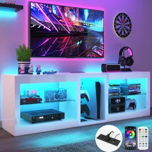 Vinctik 6&Fox 63inch High Gloss LED TV Stands w/Power Outlet,60,000-Colors Lighting for 55 60 65 70in TV,Modern White LED Entertainment Center w/Adjustable Glass Shelves for Living Room Game Bedroom