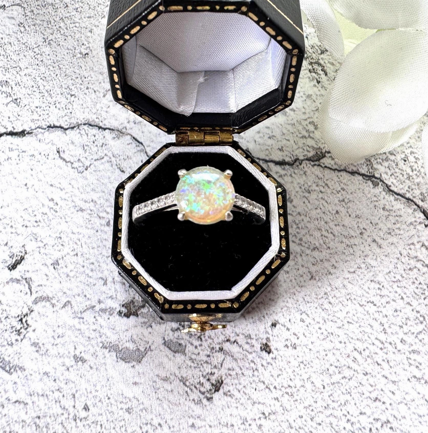 Vintage 2.0ct Rainbow Opal & CZ Crystal Sterling Silver Solitaire Ring, Size N / 6-3/4
