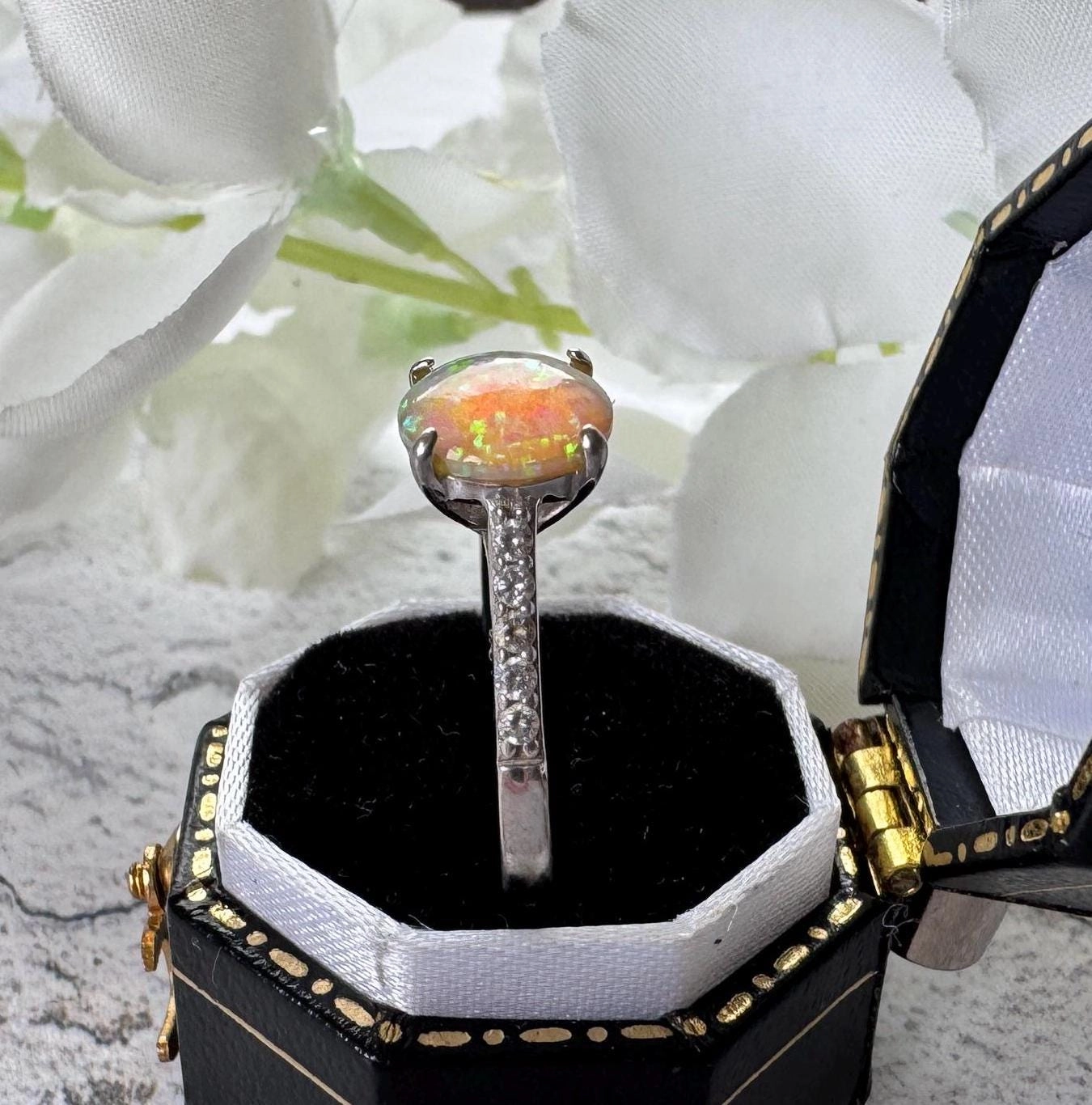 Vintage 2.0ct Rainbow Opal & CZ Crystal Sterling Silver Solitaire Ring, Size N / 6-3/4