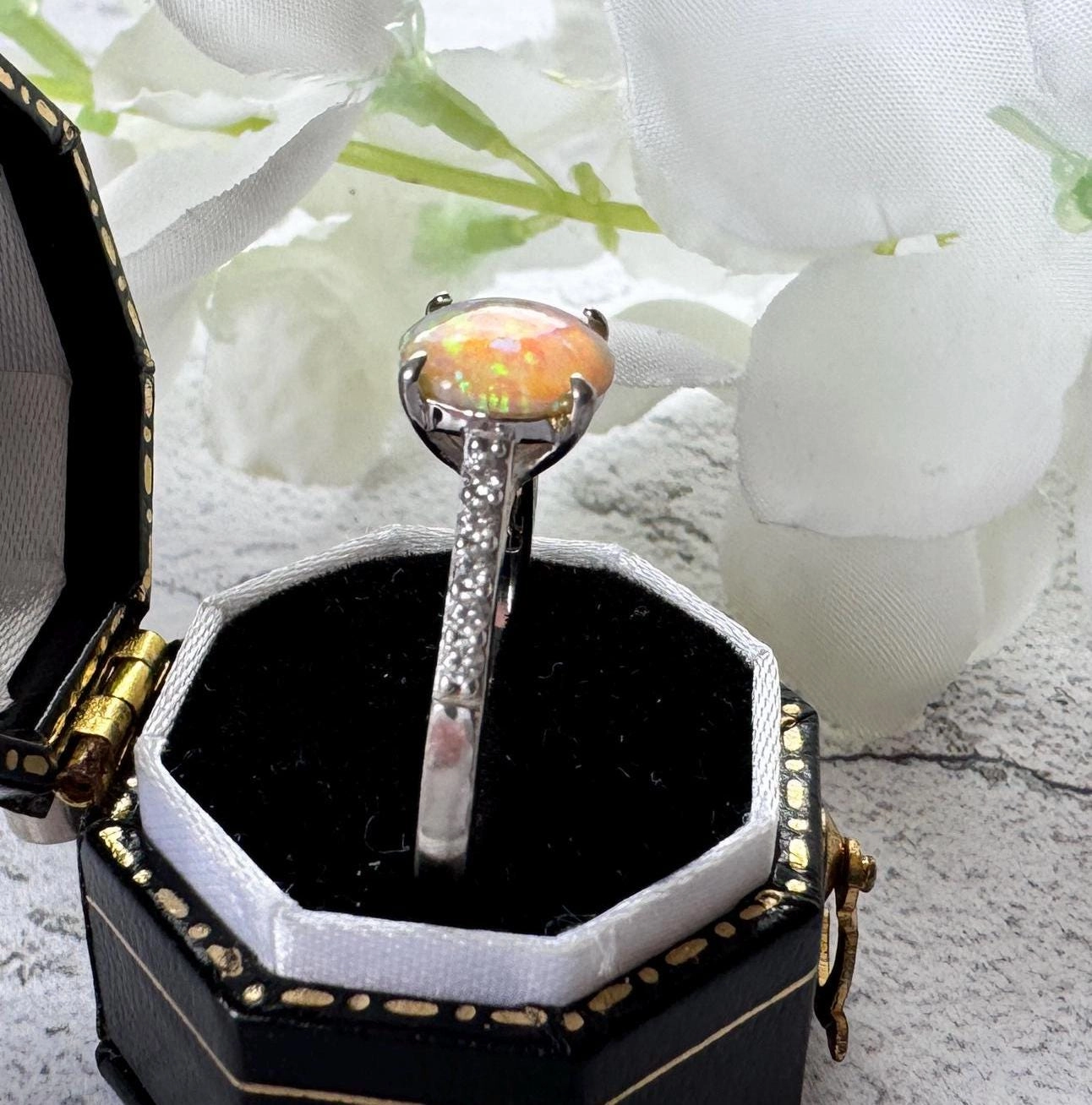 Vintage 2.0ct Rainbow Opal & CZ Crystal Sterling Silver Solitaire Ring, Size N / 6-3/4