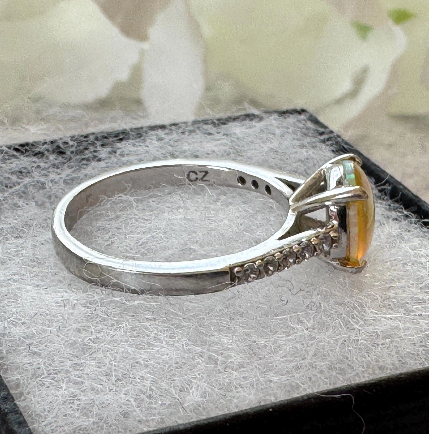 Vintage 2.0ct Rainbow Opal & CZ Crystal Sterling Silver Solitaire Ring, Size N / 6-3/4