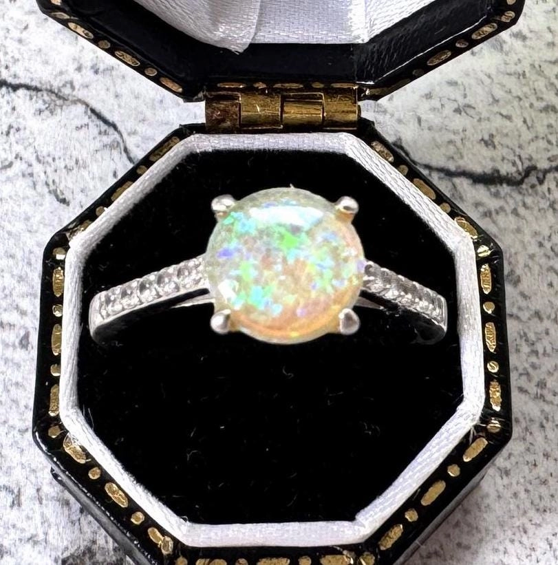 Vintage 2.0ct Rainbow Opal & CZ Crystal Sterling Silver Solitaire Ring, Size N / 6-3/4