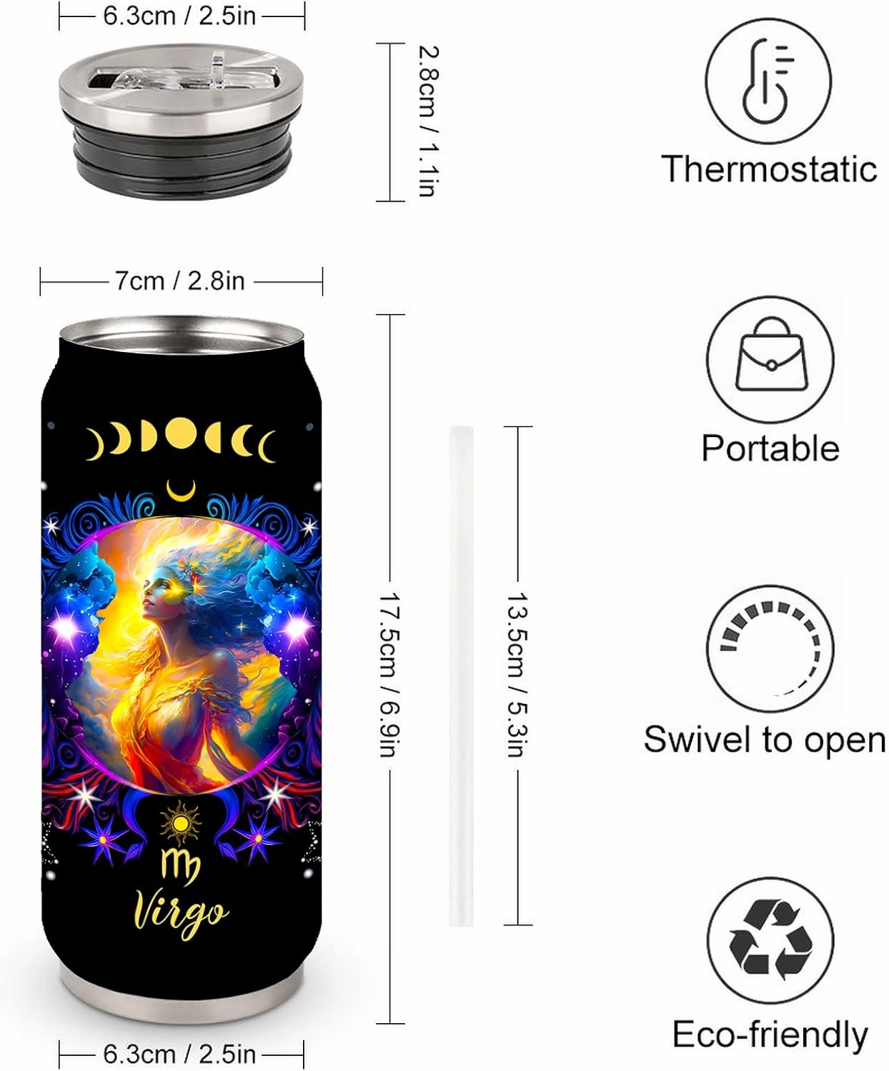 Virgo Constellation Tumbler - Zodiac Stainless Steel Cup for Men Women Astrology Fans - Birthday Gift With Straw Lid - 17 Oz Coffee Mug Car Cup
