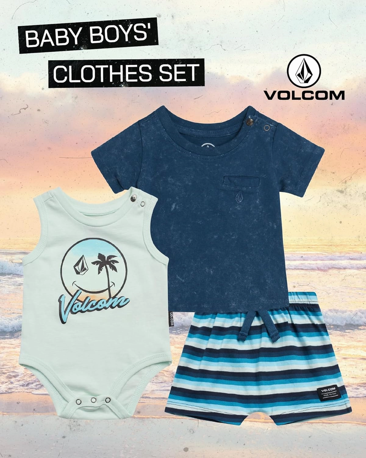 Volcom Baby Boys' Clothes Set - 3 Piece Onesie, T-Shirt, and Shorts Cute Outfits for Newborn (Sizes: 0-24 Months)