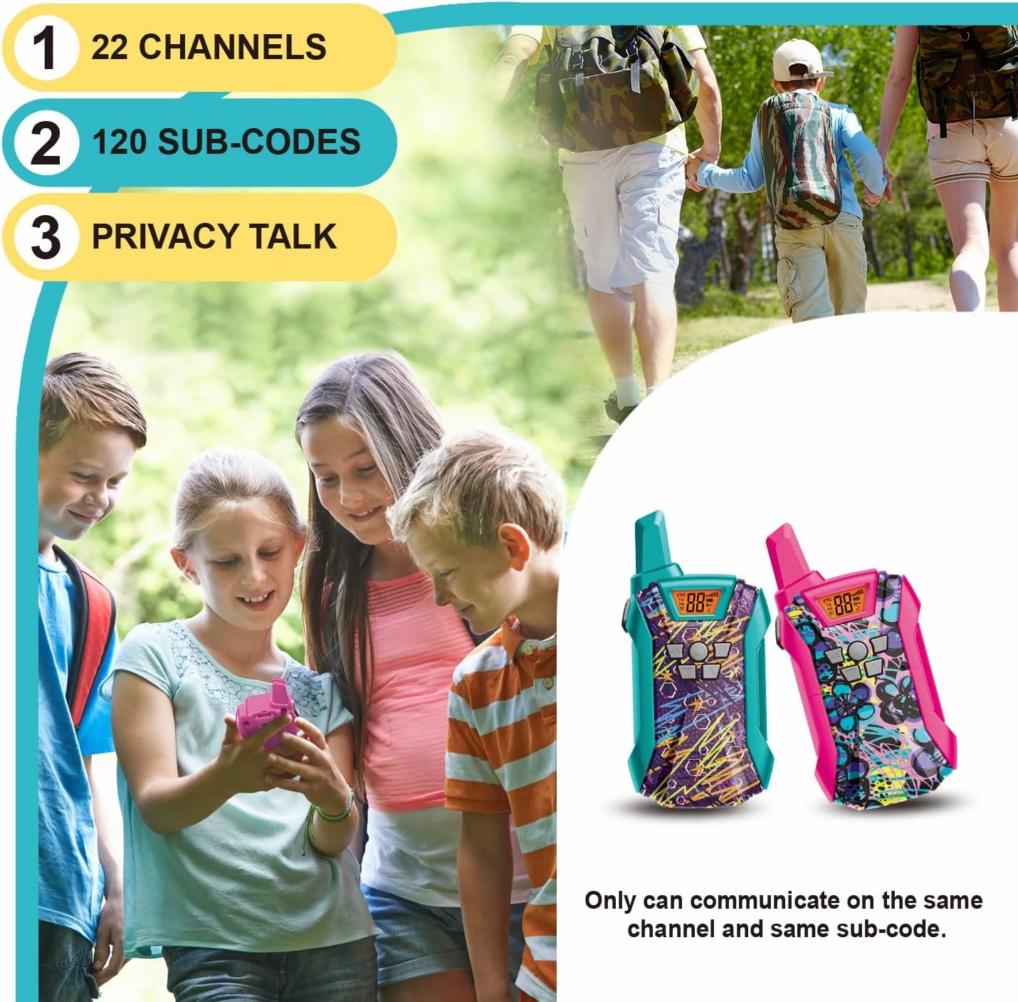 Walkie Talkies for Kids, 22 Channels Long Range Walkie Talkies for Boys Girls 4-12, 2 Way Radio Toy, Outdoor Camping Gear Toys Gifts for Kids Ages 4-12 BlueGreenPink