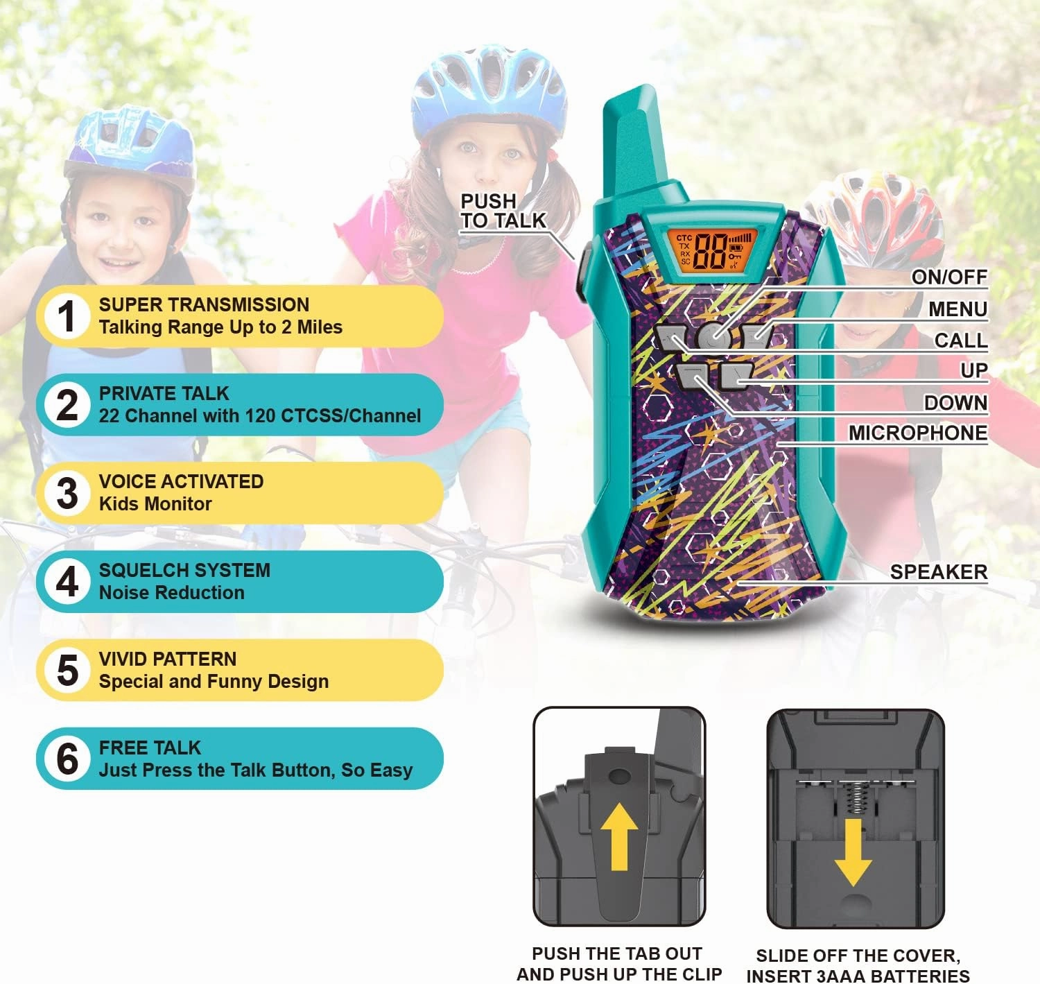 Walkie Talkies for Kids, 22 Channels Long Range Walkie Talkies for Boys Girls 4-12, 2 Way Radio Toy, Outdoor Camping Gear Toys Gifts for Kids Ages 4-12 BlueGreenPink