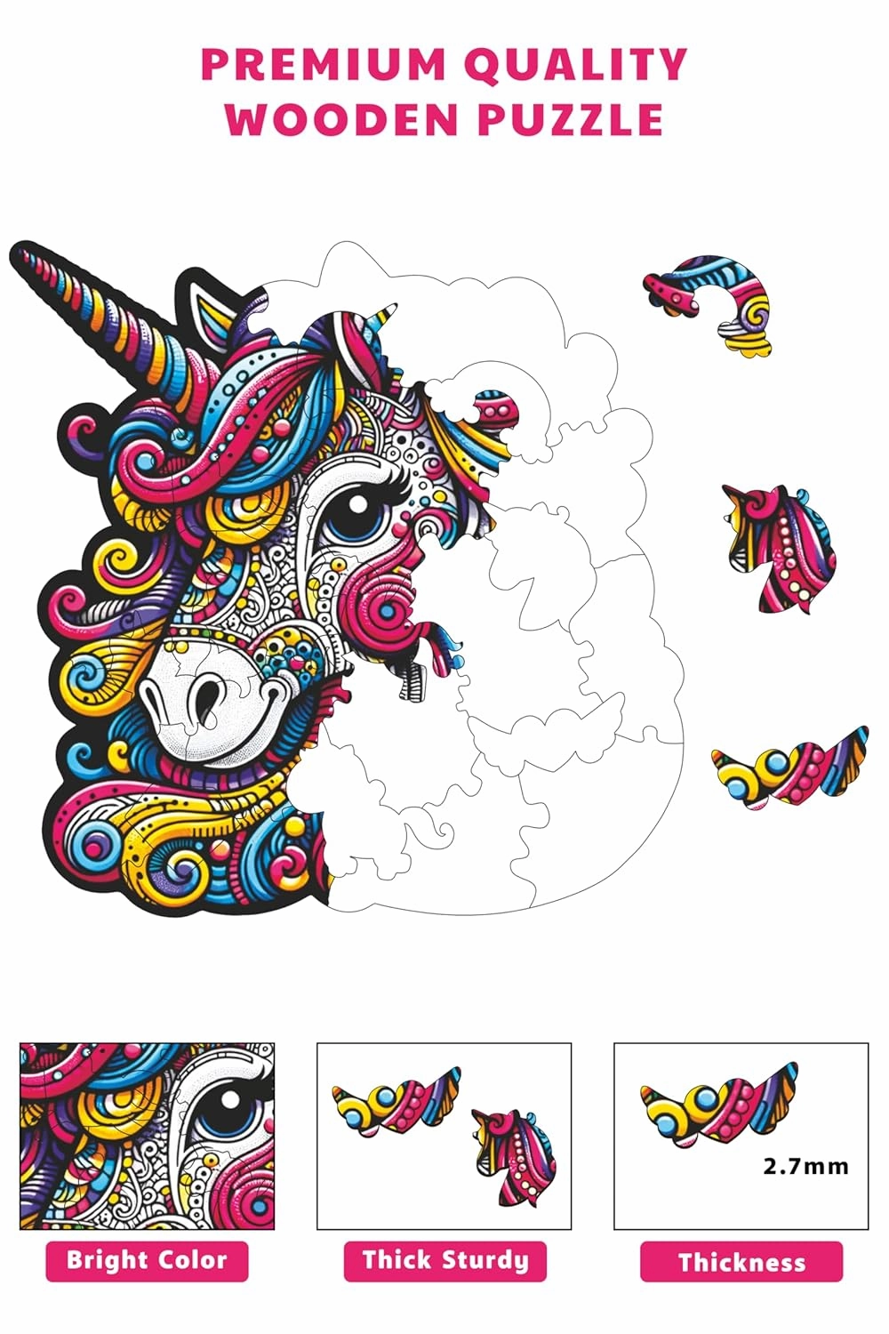 Webby Majestic Unicorn Jigsaw Puzzle | Travel Game | Zentangle Art Design Wooden Puzzle Toy for Kids and Adults (30 Pieces)