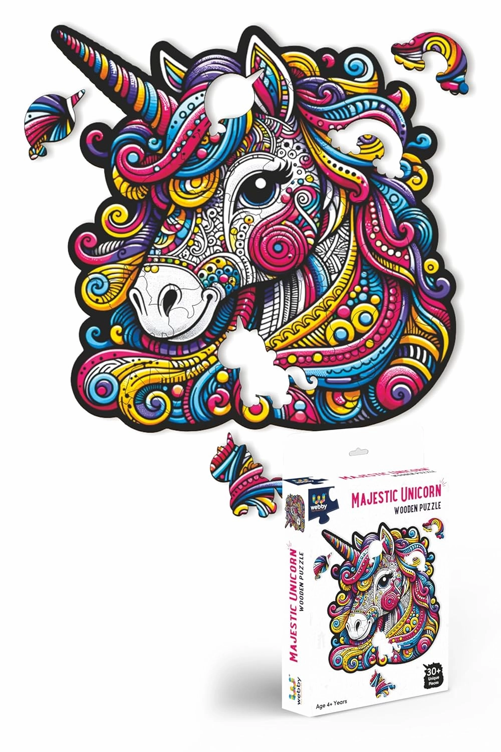 Webby Majestic Unicorn Jigsaw Puzzle | Travel Game | Zentangle Art Design Wooden Puzzle Toy for Kids and Adults (30 Pieces)