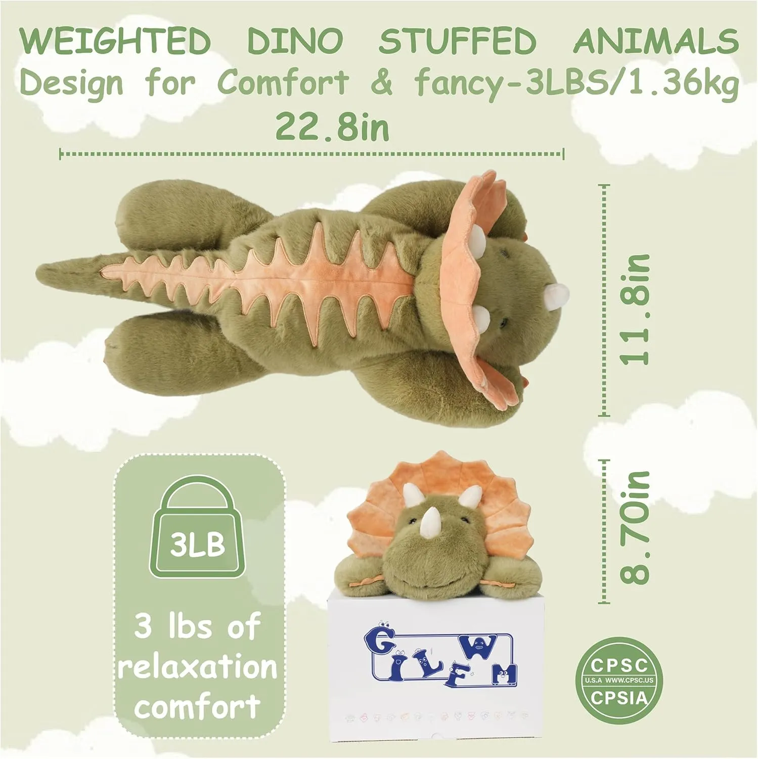 Weighted Stuffed Animals Dinosaur - 22.8" Cute Toy Pillow Plushie Gifts for Kids Boys Girls & Adults, 3 lbs Ultra-Soft Washable Green Dino Plush Pillowfort