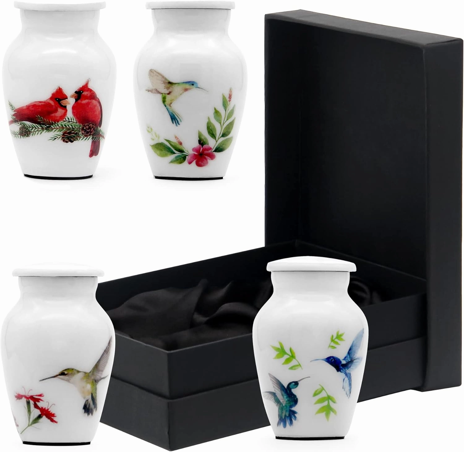 White Small Urn for Human Ashes Set of 4 - Cremation Urns for Adult Ashes - Mini Keepsake Burial Urn for Male, Female - Decorative Urns with Velvet Box & Bag - Funeral Urn for Ashes