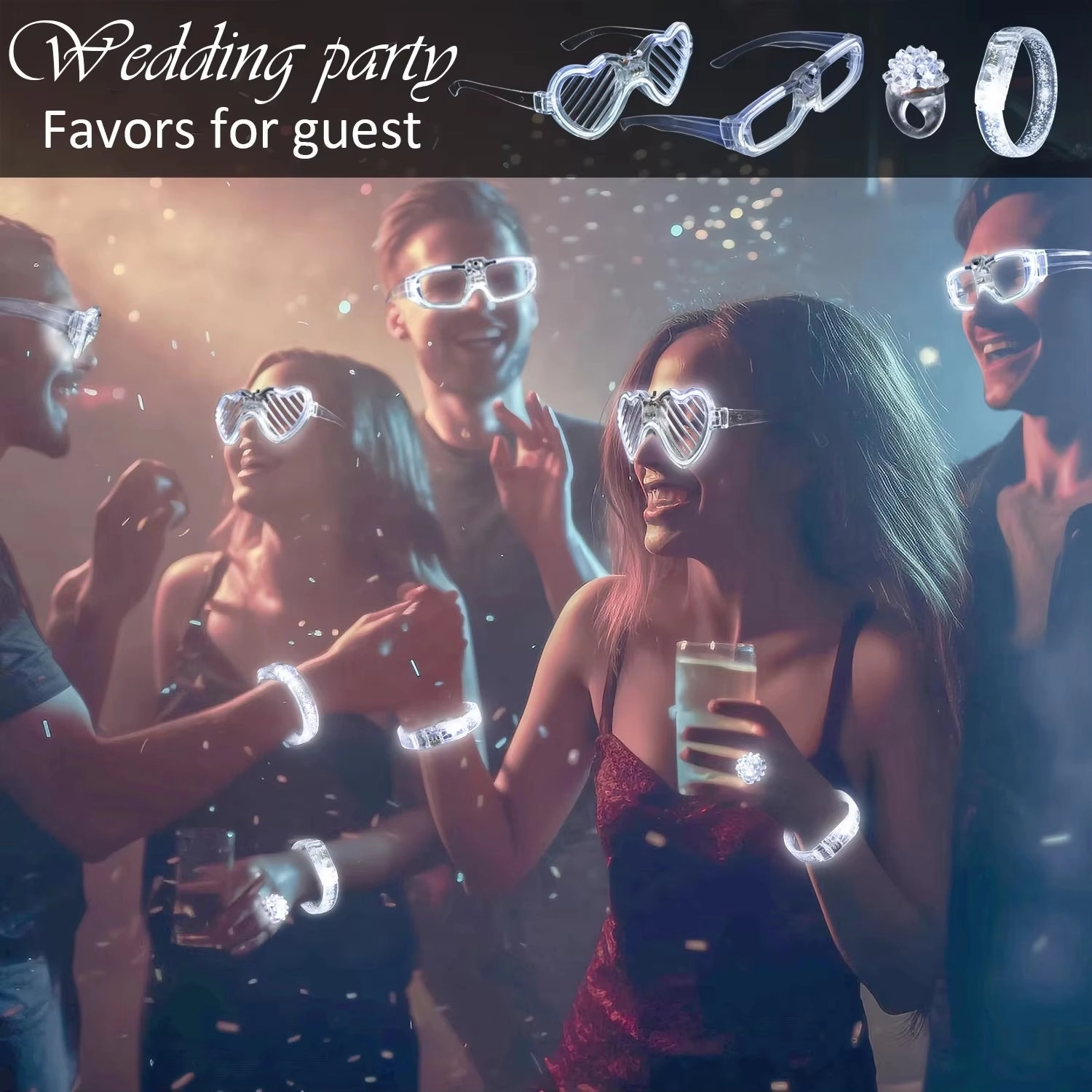 White Wedding Mix Sets LED Light up Glasses Glow Bracelets and Flashing Bumpy Rings Wedding Party Favors Supplies
