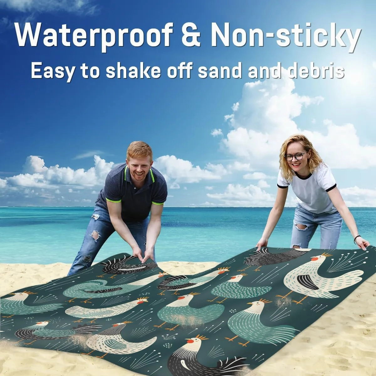 Wild Rooster Beach Blanket, Sandproof Beach Mat, 68 x 59 Waterproof Quick Drying Sand Free Mat with 4 x Ground Spikes for Outdoor Travel Camping Hiking, Rooster Pattern