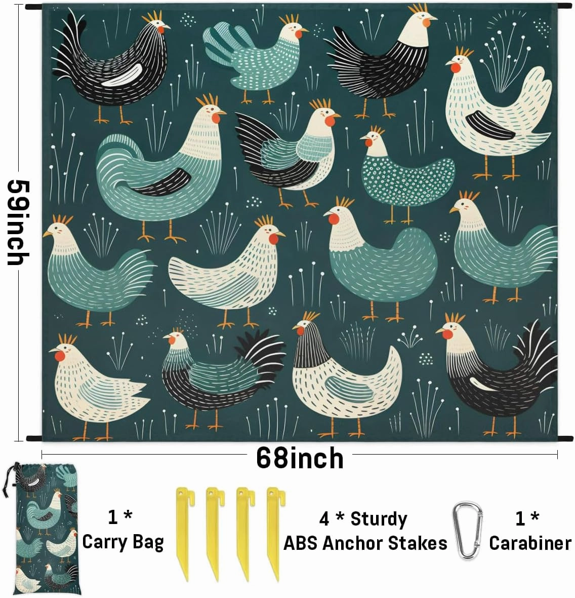 Wild Rooster Beach Blanket, Sandproof Beach Mat, 68 x 59 Waterproof Quick Drying Sand Free Mat with 4 x Ground Spikes for Outdoor Travel Camping Hiking, Rooster Pattern