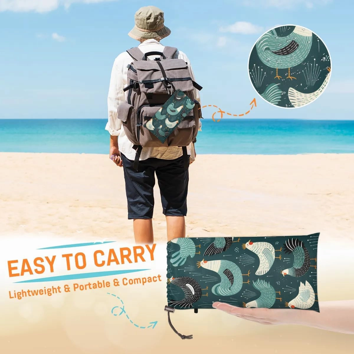 Wild Rooster Beach Blanket, Sandproof Beach Mat, 68 x 59 Waterproof Quick Drying Sand Free Mat with 4 x Ground Spikes for Outdoor Travel Camping Hiking, Rooster Pattern