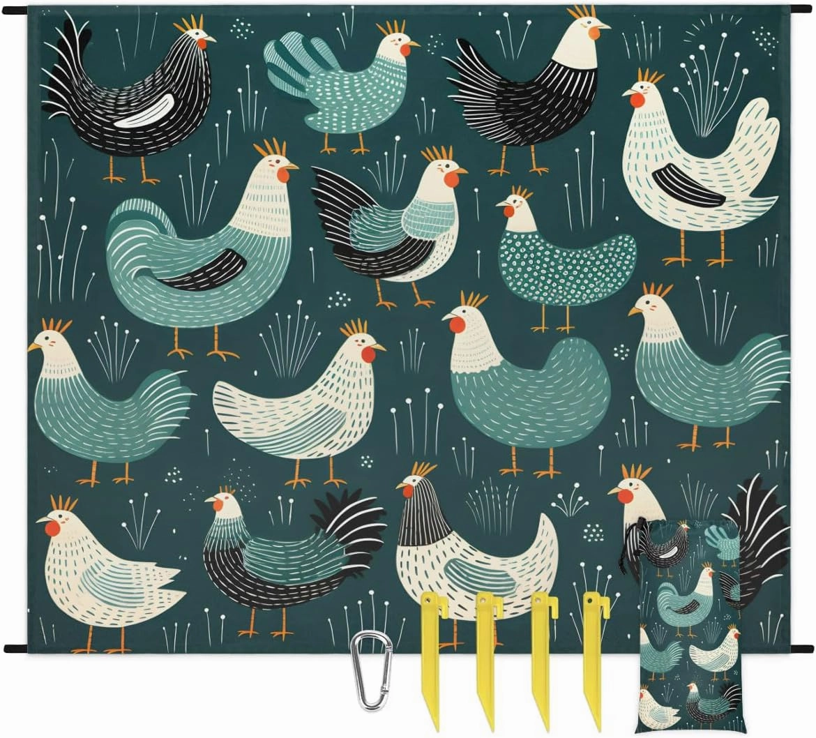 Wild Rooster Beach Blanket, Sandproof Beach Mat, 68 x 59 Waterproof Quick Drying Sand Free Mat with 4 x Ground Spikes for Outdoor Travel Camping Hiking, Rooster Pattern