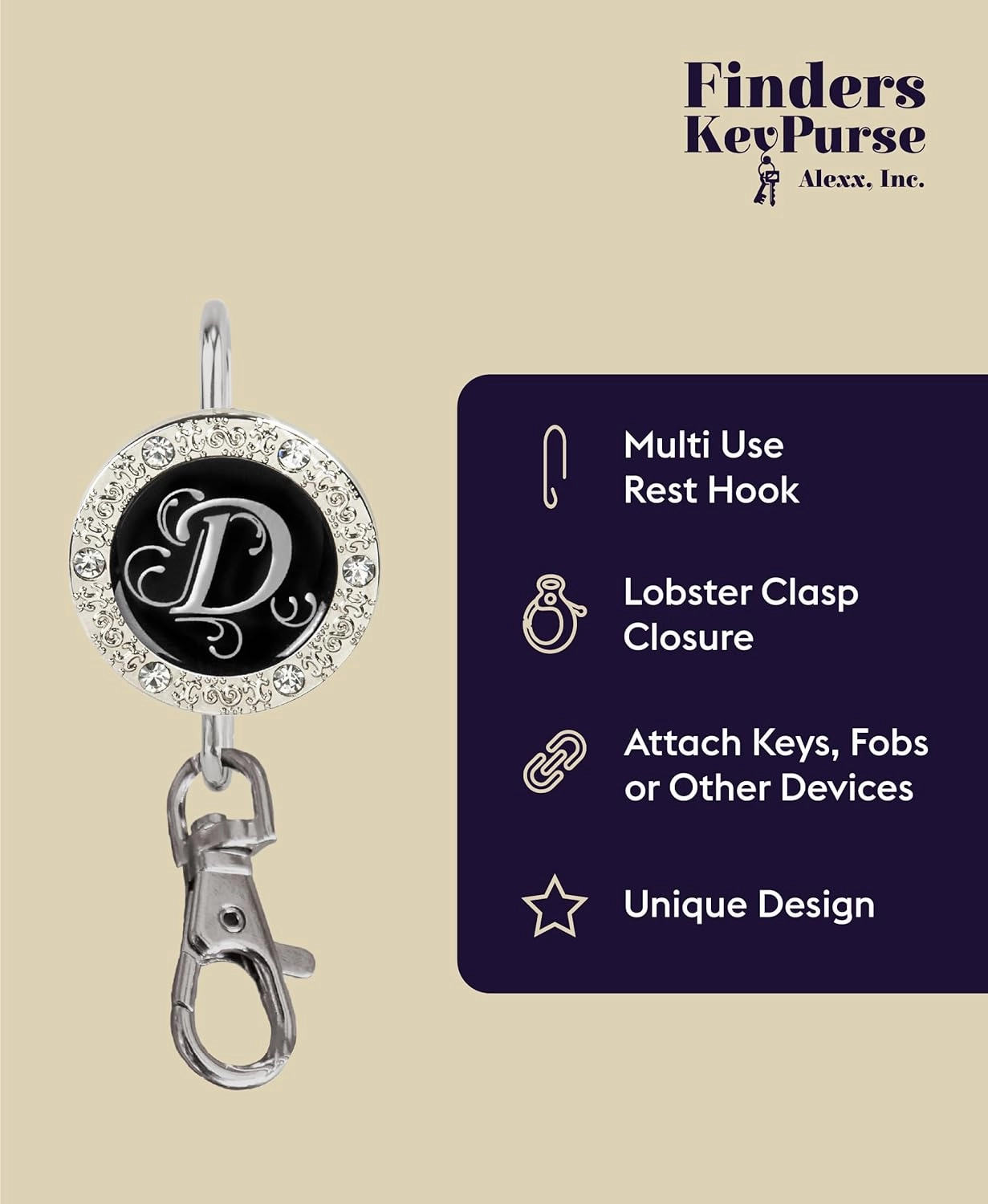 Women’s Bag Charm Key Finder, Car Keychain Hook, Cute Purse Organizer & Tote Bag Accessories, Gifts for Mom - Monogram Letter