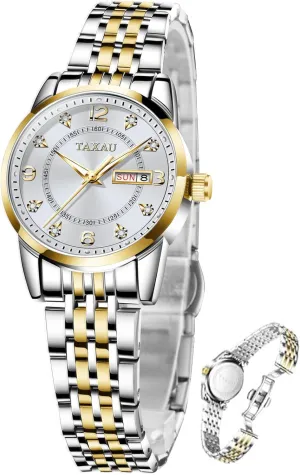 Womens Watch Fashion Dress Waterproof Silver Watches for Women Casual Easy Read Quartz Analog Women's Watch Two Tone Stainless Steel Ladies Watches with Day Date