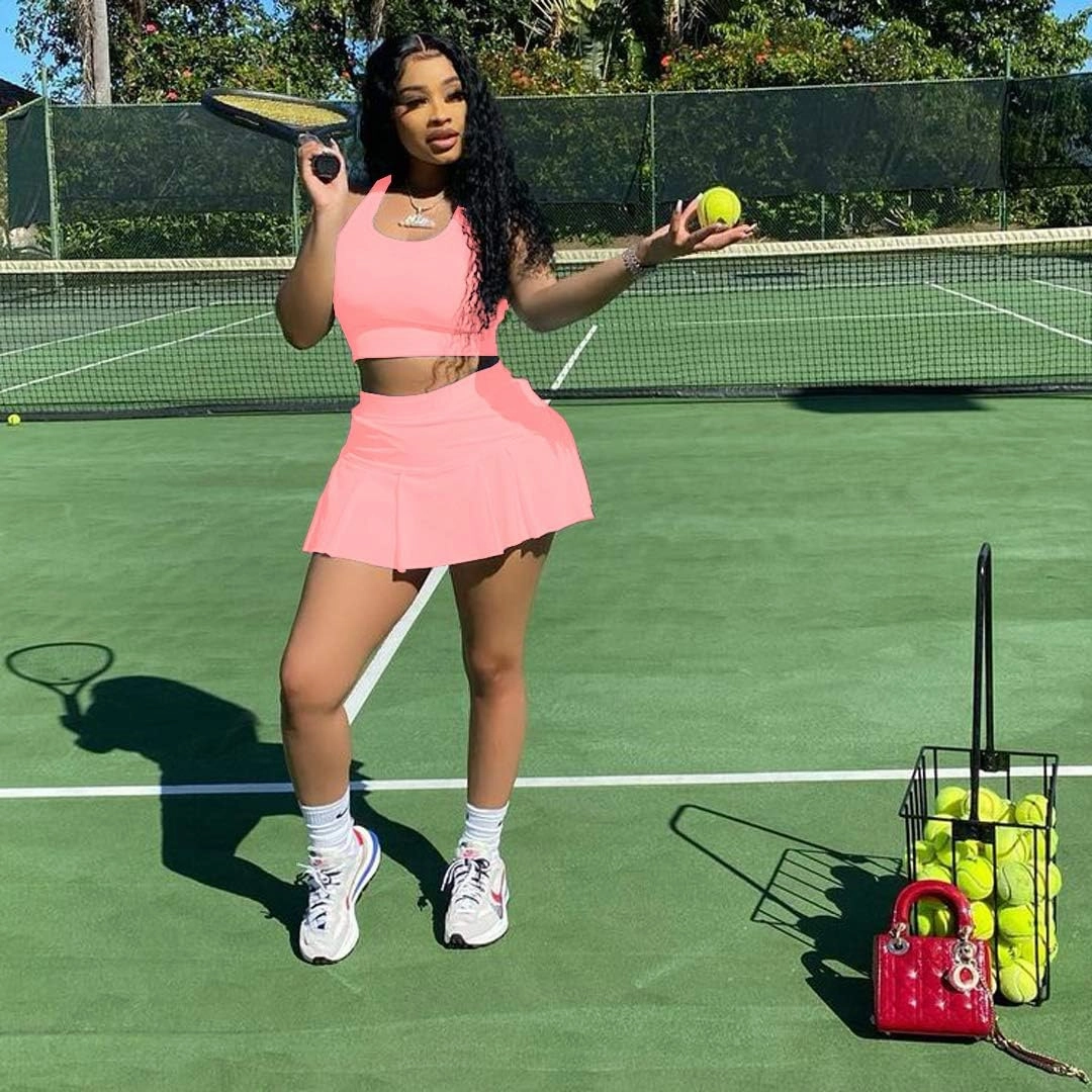 Womens Casual Sports 2 Piece Outfits Skirt Sets Athletic Tank Crop Top Mini Pleated Tennis Golf Skorts Skirts Activewear