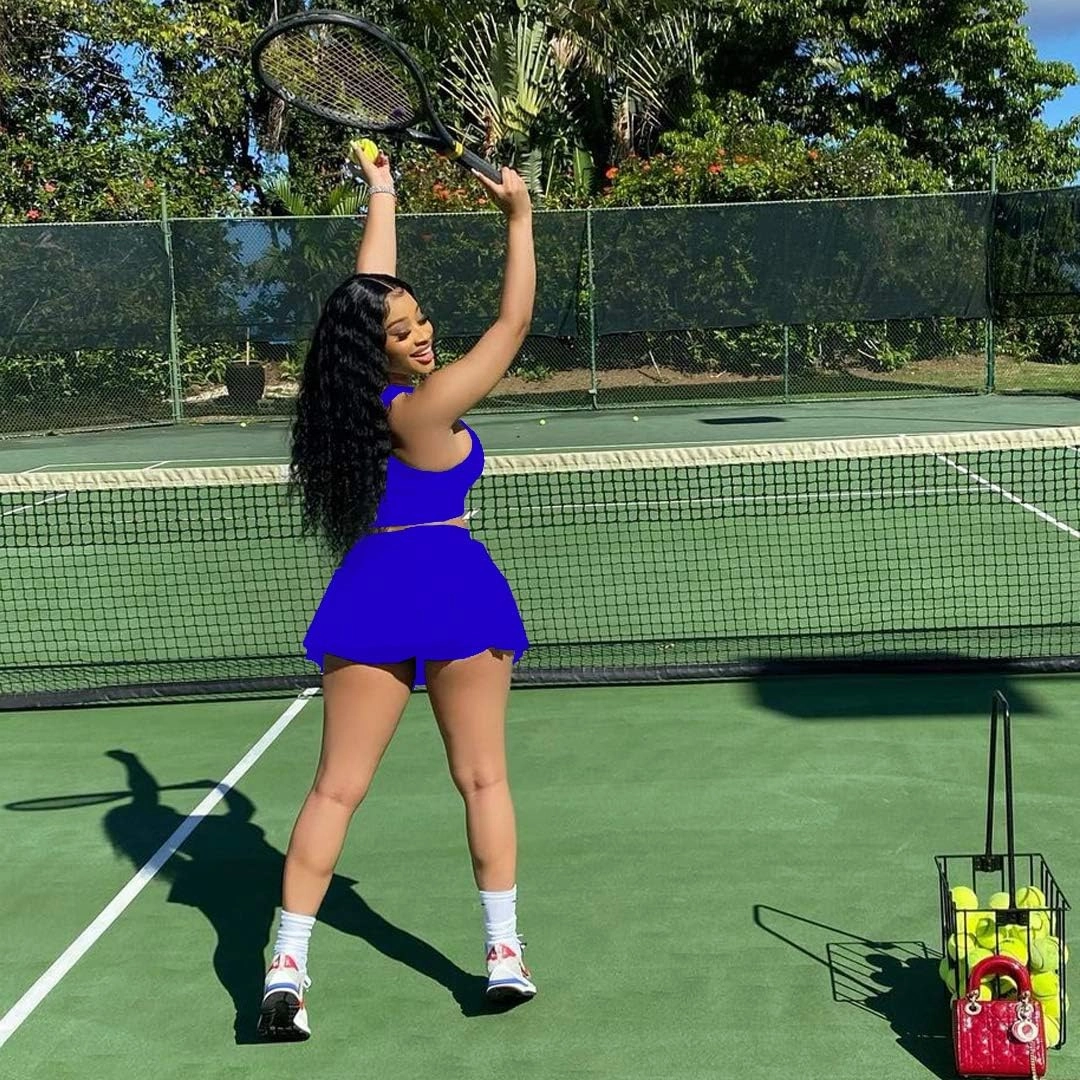 Womens Casual Sports 2 Piece Outfits Skirt Sets Athletic Tank Crop Top Mini Pleated Tennis Golf Skorts Skirts Activewear