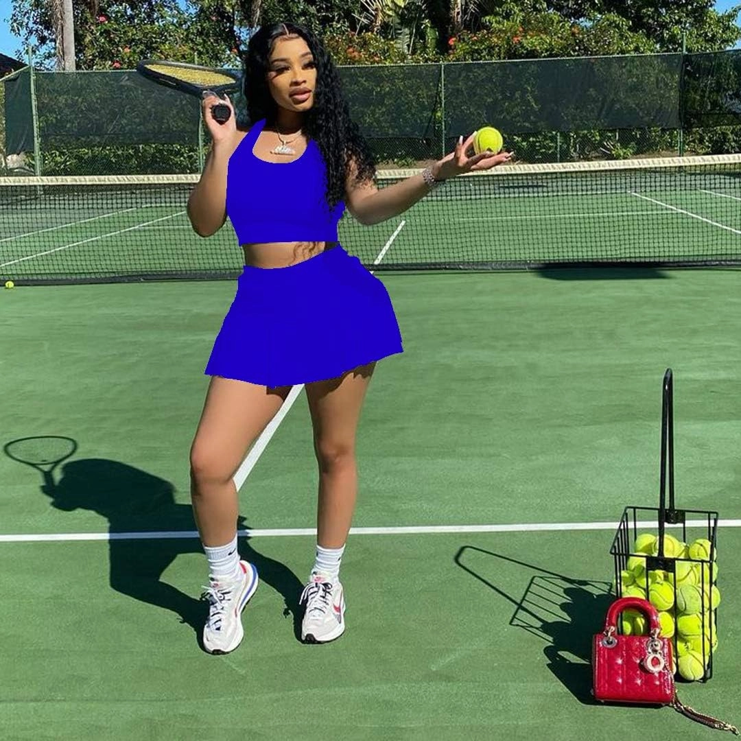 Womens Casual Sports 2 Piece Outfits Skirt Sets Athletic Tank Crop Top Mini Pleated Tennis Golf Skorts Skirts Activewear