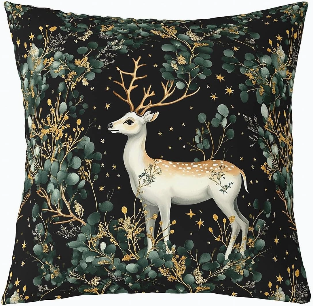 Wonderland Deer Pillow Cover Watercolor Botanical Green Yellow Leaves Cushion Cover for Kids Teens Adults Cute Cartoon Wild Animal Rustic Style Pillow Case for Bedroom 18x18 Inch
