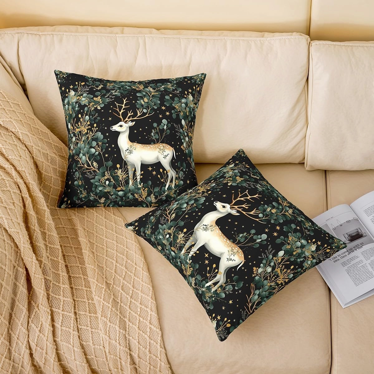 Wonderland Deer Pillow Cover Watercolor Botanical Green Yellow Leaves Cushion Cover for Kids Teens Adults Cute Cartoon Wild Animal Rustic Style Pillow Case for Bedroom 18x18 Inch