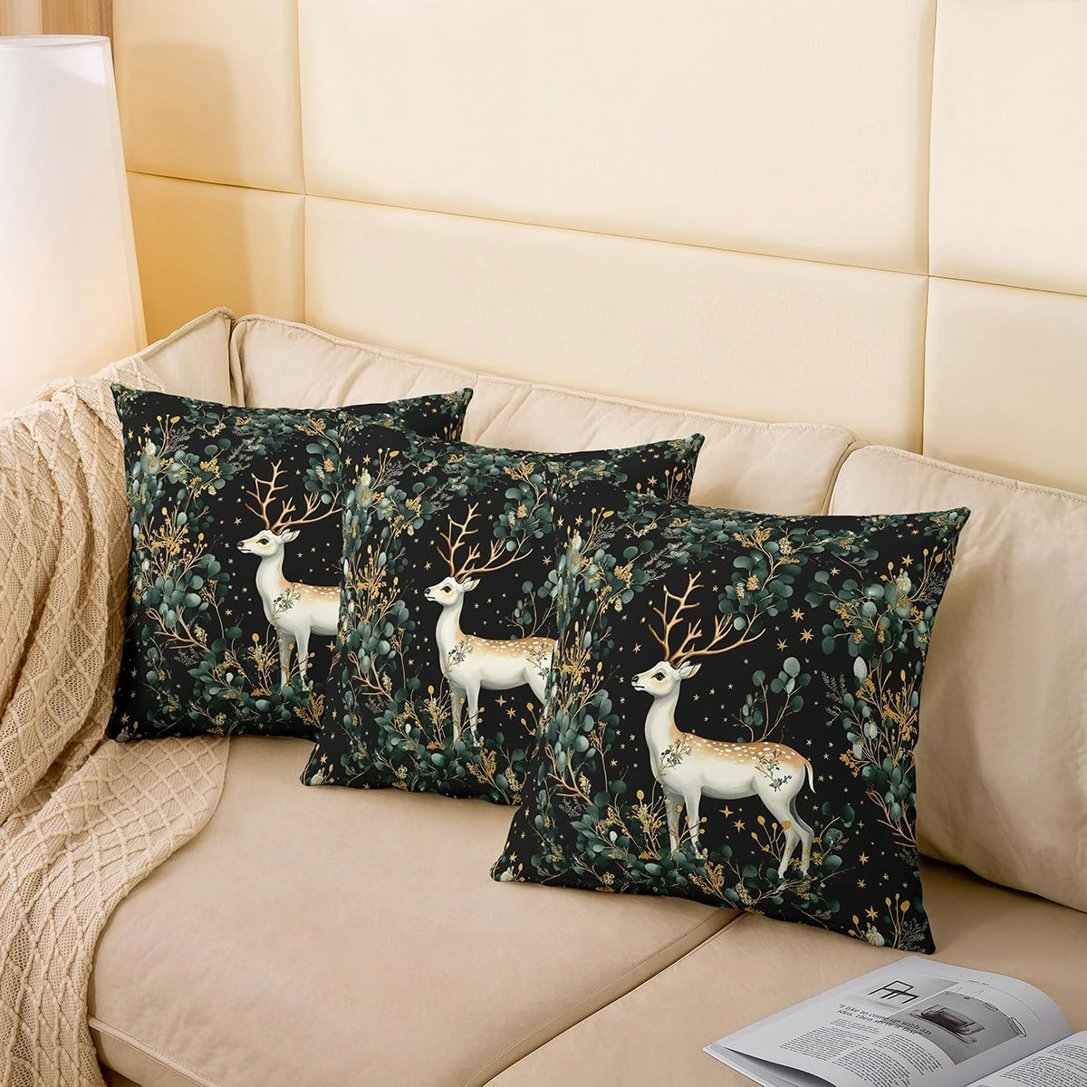 Wonderland Deer Pillow Cover Watercolor Botanical Green Yellow Leaves Cushion Cover for Kids Teens Adults Cute Cartoon Wild Animal Rustic Style Pillow Case for Bedroom 18x18 Inch