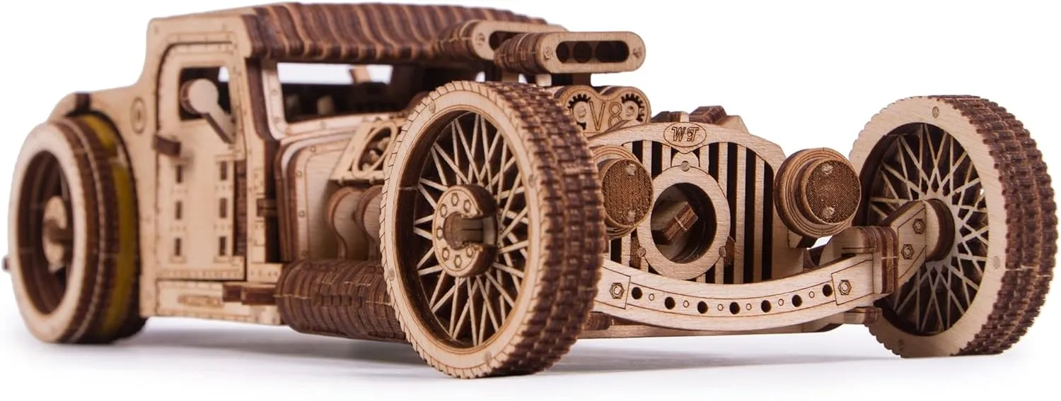 Wood Trick Hot Rod Wooden Model Car Kit to Build - Rides up to 32 feet - Detailed - 3D Wooden Puzzles for Adults and Kids to Build - Engineering DIY Mechanical Wood Model Kits for Adults