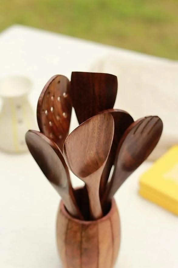 Wood Chop Sheesham Wood Serving Spoons Spatula for Non Stick Cookware (Set of 6)