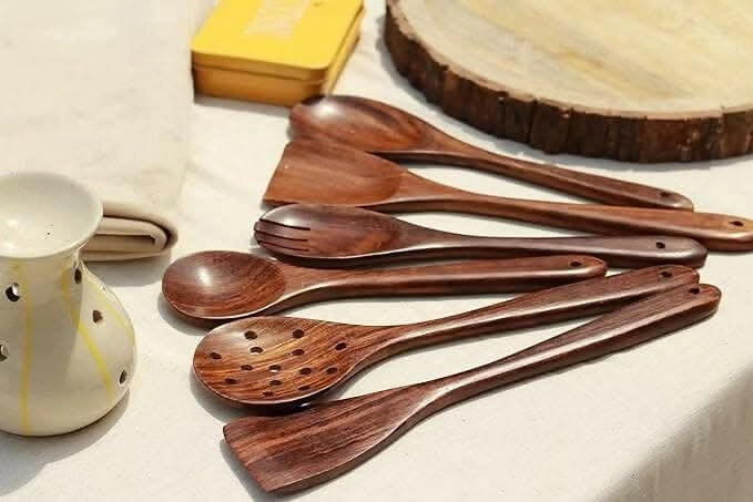Wood Chop Sheesham Wood Serving Spoons Spatula for Non Stick Cookware (Set of 6)