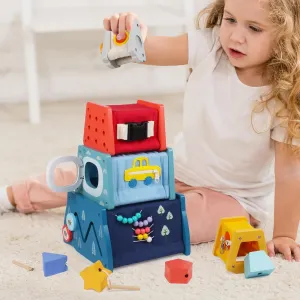 Wooden Activity Cube,14-in-1 Wooden Montessori Learning Toys for 36 M  Toddlers, Nesting & Stacking Preschool Montessori Toy Set with Bonus Sorting & Stacking Board
