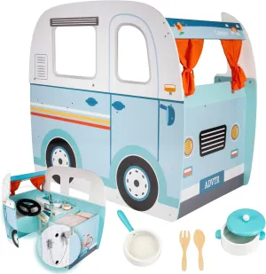 Wooden Play Camper Van Toy Playset w Steering Wheel, Kitchen, Stove, Oven, Bed, Pillow, Pretend Shower, Curtains, Personalization Stickers- Indoor Retro Car Camping, Travel RV Adventure- Ages 3  Gift