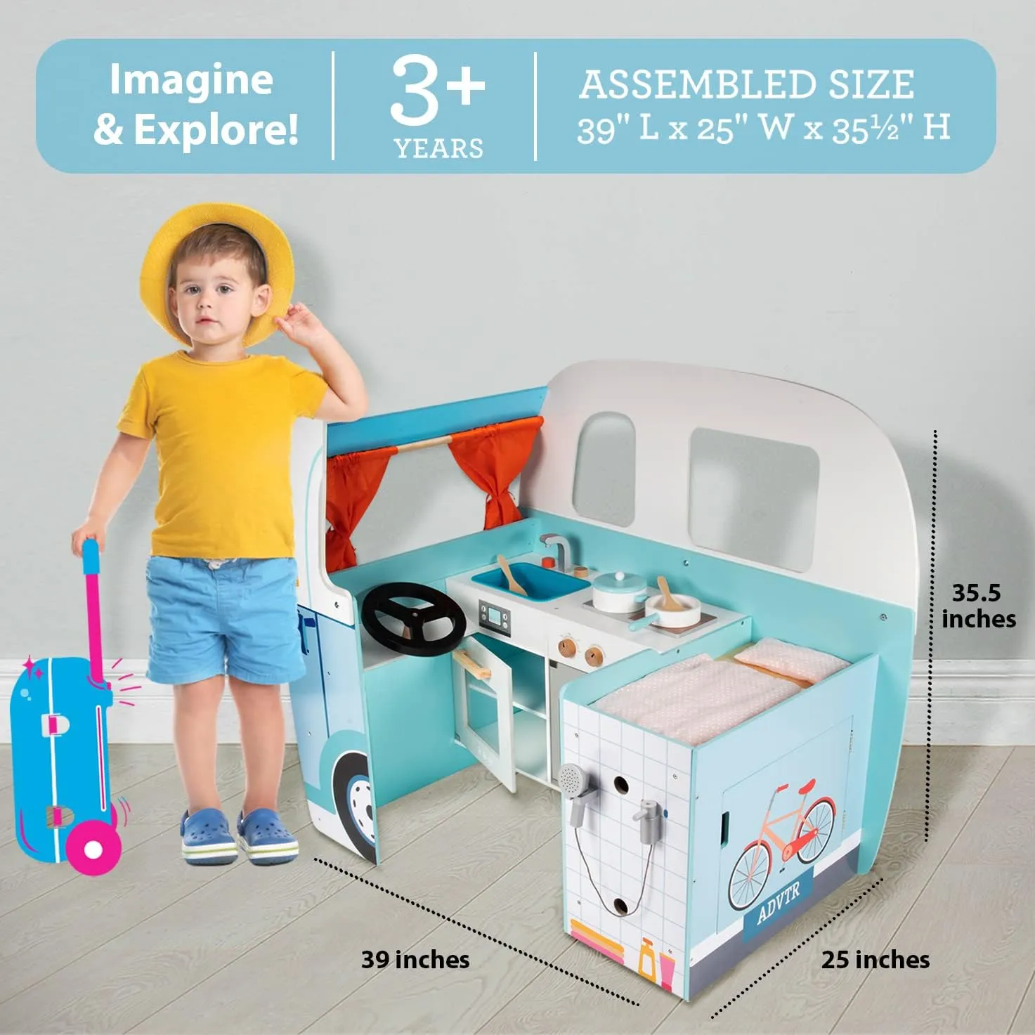 Wooden Play Camper Van Toy Playset w Steering Wheel, Kitchen, Stove, Oven, Bed, Pillow, Pretend Shower, Curtains, Personalization Stickers- Indoor Retro Car Camping, Travel RV Adventure- Ages 3  Gift